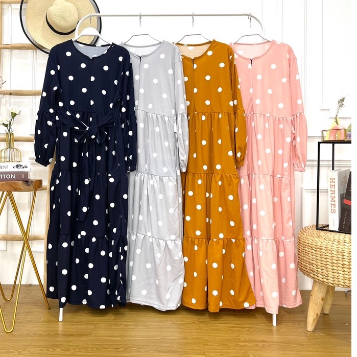 Gamis model rample lengan balon tali pinggang pita motif polkadot besar bahan voxy merk cocobee (744