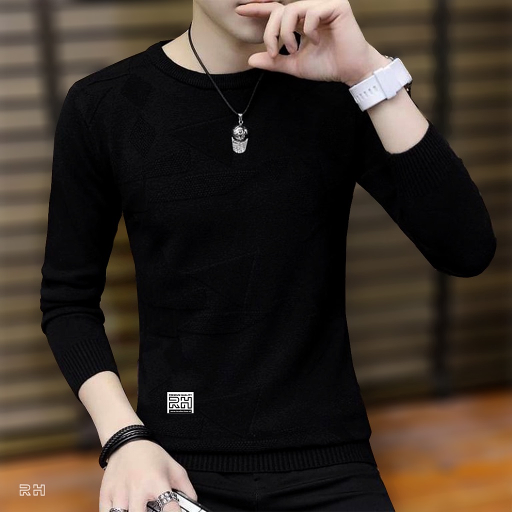 RH - sweater baju rajut oblong crewneck kerah bulat slim fit original terbaru