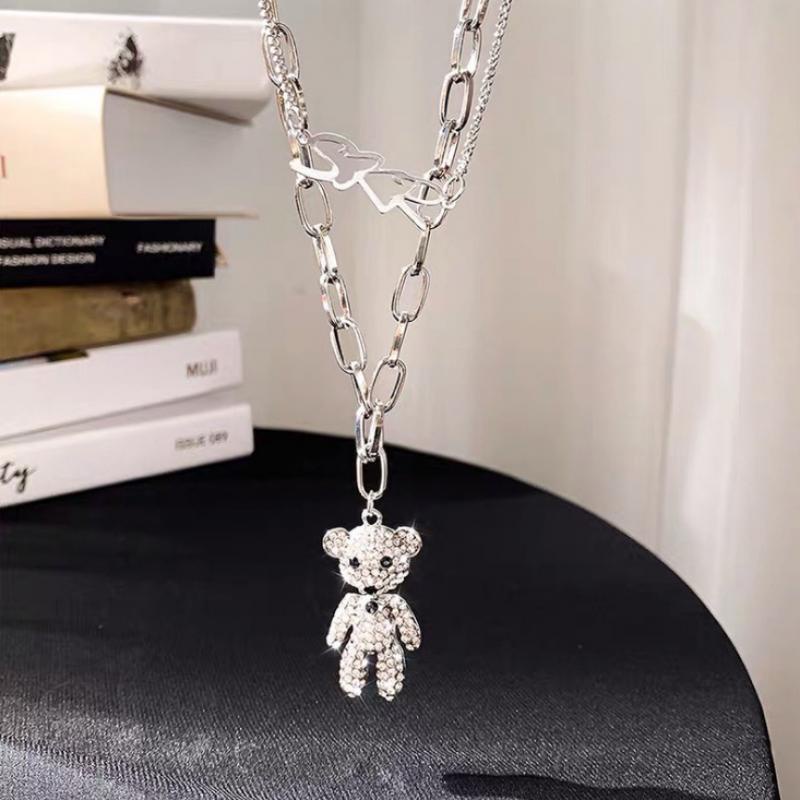 Kalung Rantai Panjang Dengan Liontin Beruang Ganda Aksen Berlian Imitasi