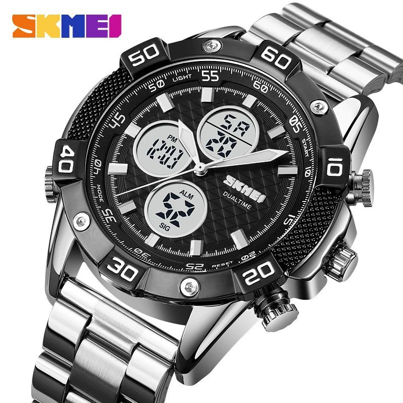SKMEI 1838 Jam Tangan Pria Digital Analog Dual Time Chronograph Tali Stainless Steel WATCHKITE WKOS