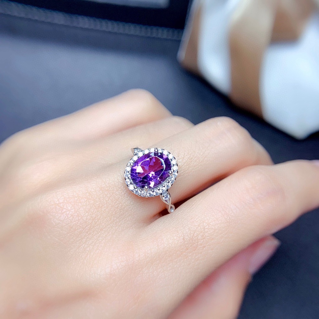 Cincin Berlian Oval Wanita 925 Perak Ungu