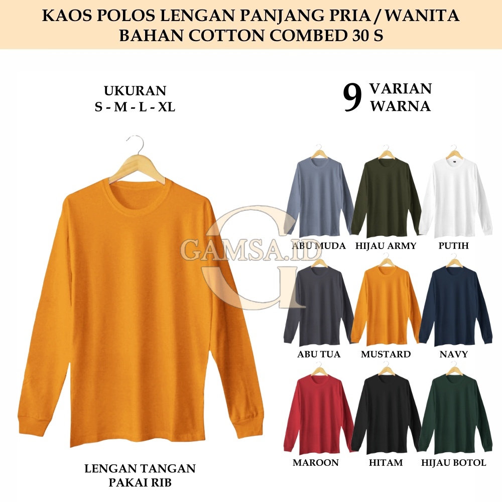 KAOS PANJANG PRIA WANITA - BAJU POLOS LENGAN PANJANG TSHIRT COTTON COMBED 30 S PAKAI RIB TANPA MERK