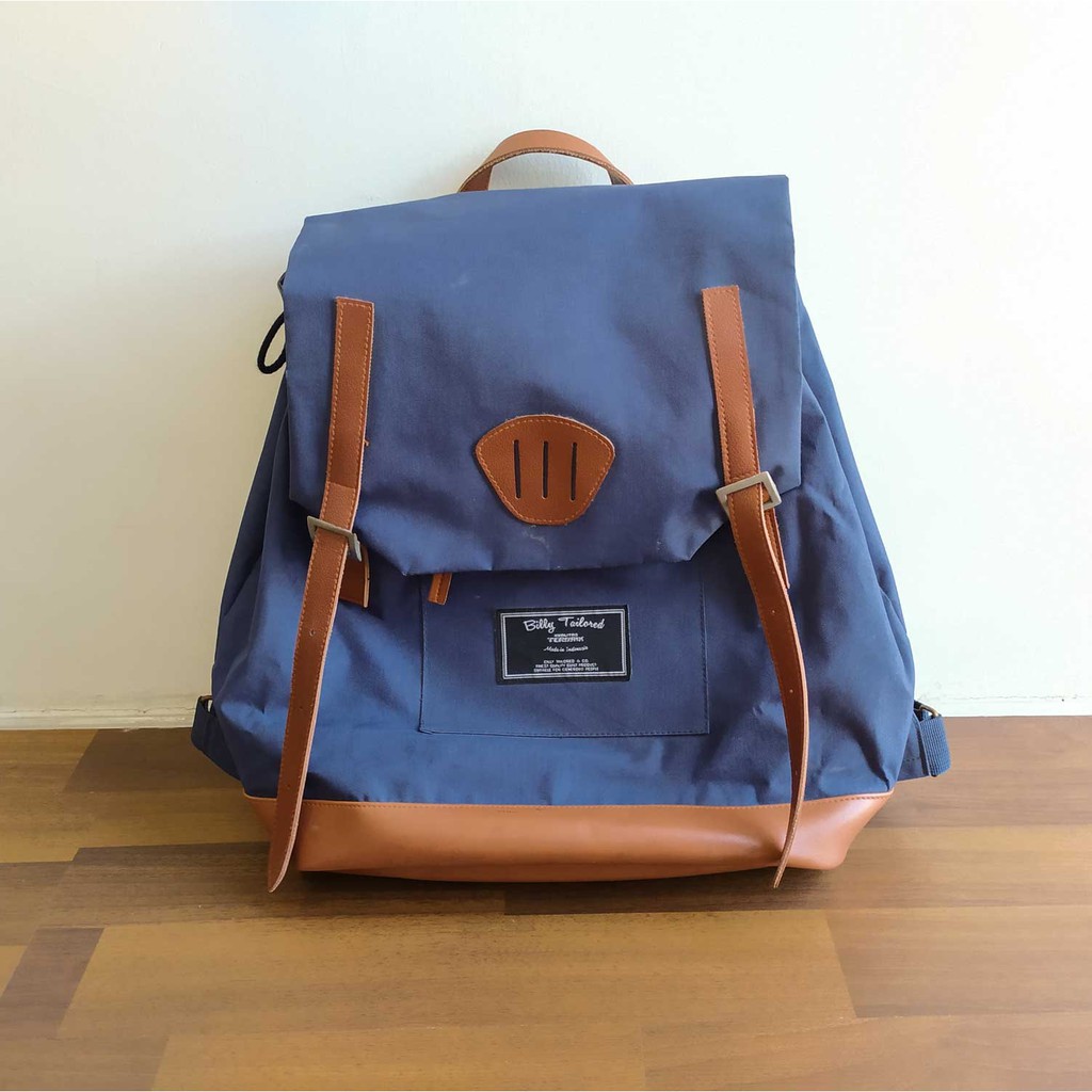 Backpack Tas Ransel Billy Tailored Navy Blue, Rucksack Canvas Leather Vintage Biru Tua