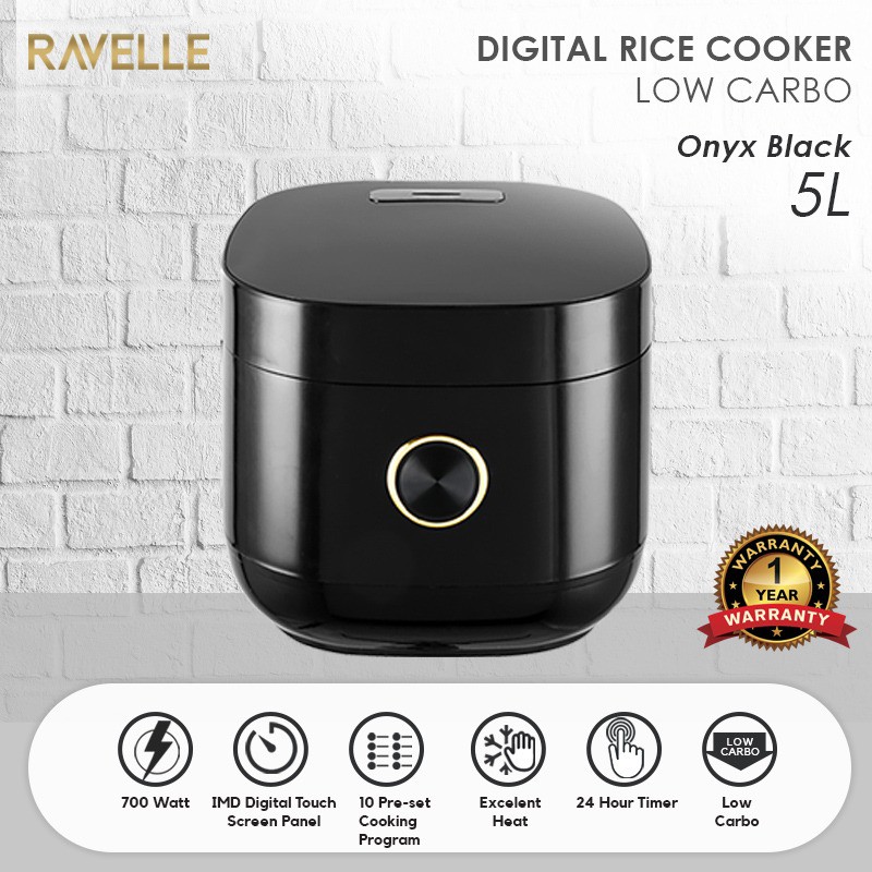 Ravelle Smart Digital Rice Cooker Low Carbo Low Sugar 5L - Onyx Black