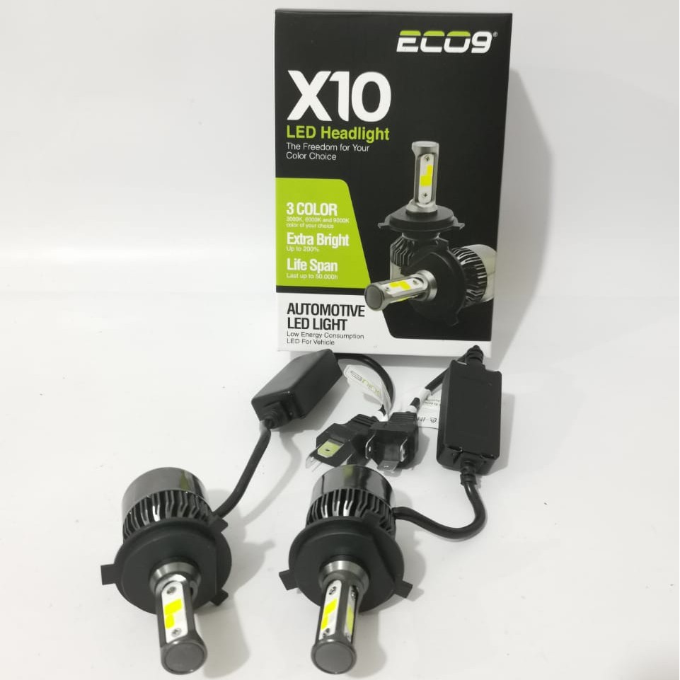 ECO9 X10 LAMPU DEPAN LED H4 MOBIL 3 WARNA HEADLAMP HI-LOW GARANSI