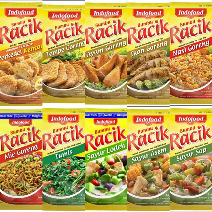 

Bumbu Racik 33gr bumbu sayur sop / bumbu racik nasi goreng / bumbu racik tempe / bumbu racik tumis / bumbu racik lodeh / bumbu racik ikan goreng / bumbu racik sayur asem