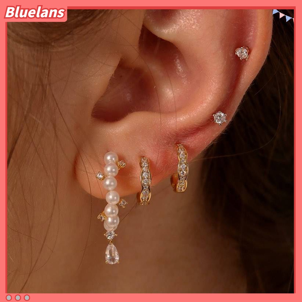 5 Pcs Anting Stud Geometris Aksen Mutiara Berlian Imitasi Untuk Wanita