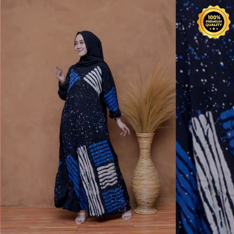 Gamis Twill Rayon Malaman Terbaru Kekinian Busui | Gamis Tiedye NEW-STRIP V2 BIRU