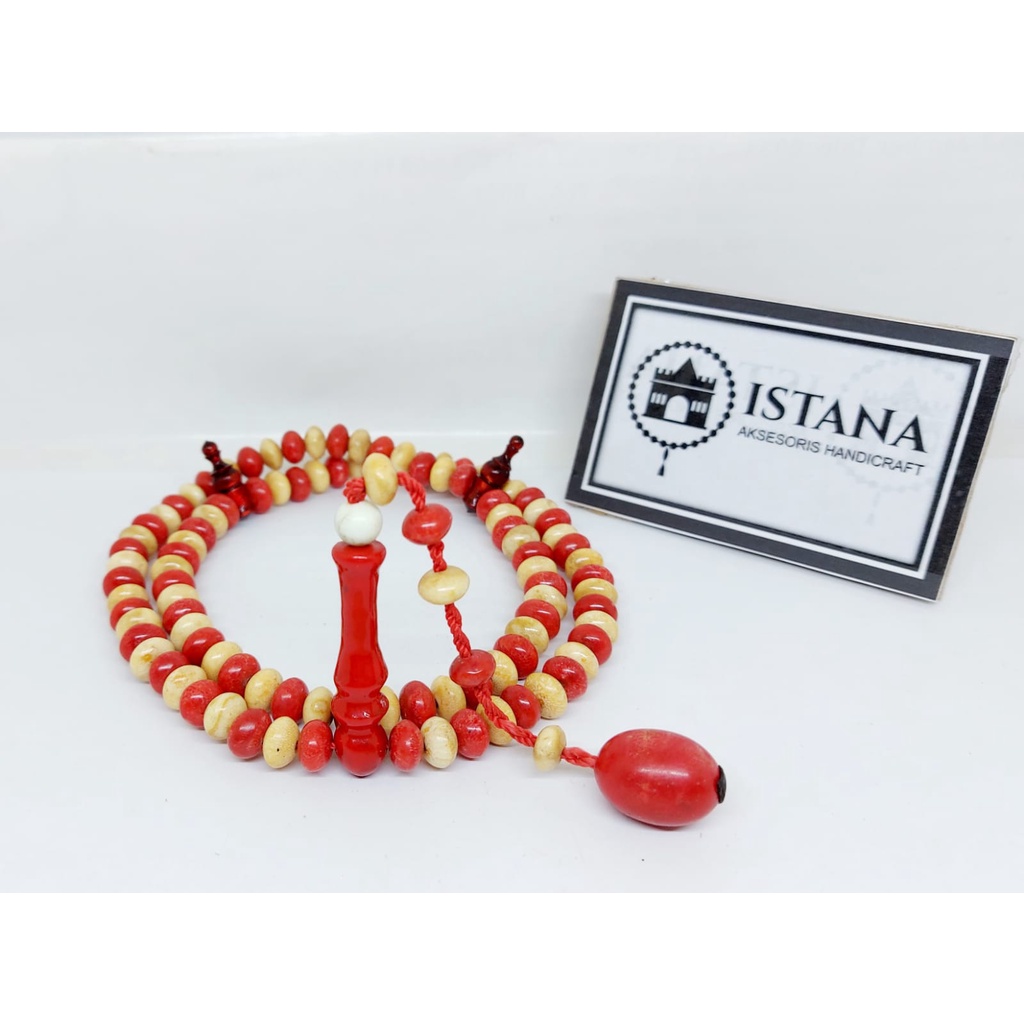 tasbih batu coral marjan kombinasi merah putih butiran pipi