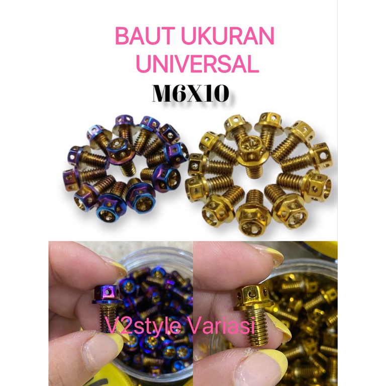 BAUT UKURAN DRAT 6 M6X10 BAUT PROBOLT HENG FLOWER GOLD TWOTONE BAKARAN PANJANG 10MM / 1CM BAUT STAINLESS SEPEDA LEXI YZF AEROX FINO VIXION MIO XRIDE JUPITER XMAX SOUL MT25 NMAX BYSON R15 R3 QBIX GRAND MT 03 07 09 GT125 SPARK25 NVX Y15ZR ZJ6 SCOOPY BEAT