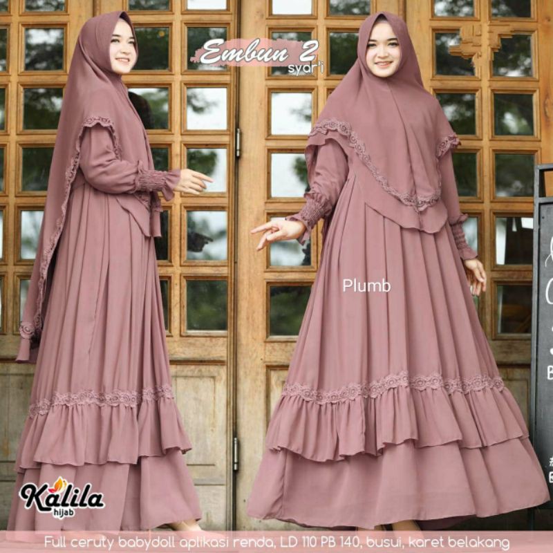 GAMIS SYARI EMBUN #2, BAHAN CERUTY BABYDOLL APLIKASI RENDA, LD.110 PB.140, BUSUI, KARET BELAKANG
