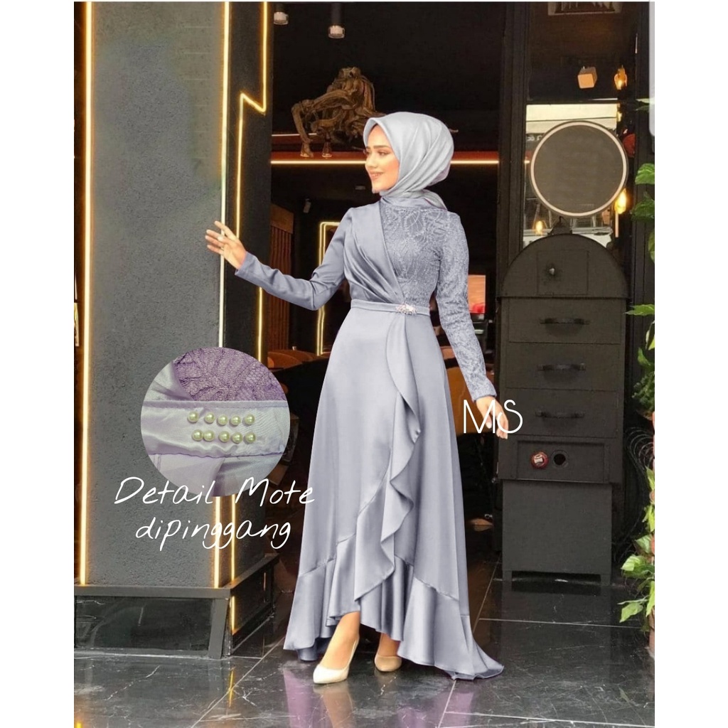 Baju Pesta Wanita Muslim Kondangan Brukat Mewah Elegan Gaun Muslimah Terbaru 2021 2022 Maxy Jihan Lebaran Bahan Brokat Import Mewah baju muslim modern terbaru brokat