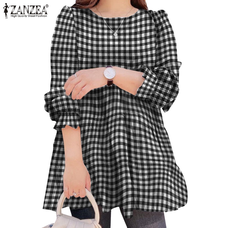 ZANZEA Women Full Puff Sleeve O-Neck Plaid Printing Pleated Loose Blouse