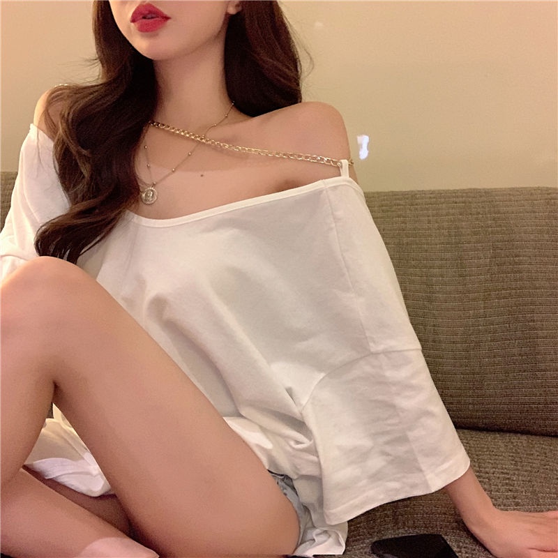 Suhao Hong Kong rasa lengan pendek t-shirt wanita desain tidak teratur rasa celah dengan hati-hati mesin seksi backless rantai longgar top in pasang