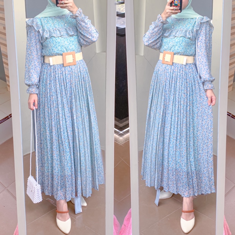 Gamis Ceruty Motif Bunga Plisket korea by yuna fashion