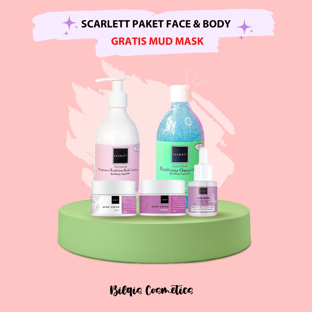 Paket scarlett whitening – scarlett body lotion scarlett shower shower scrub acne serum scarlett cre