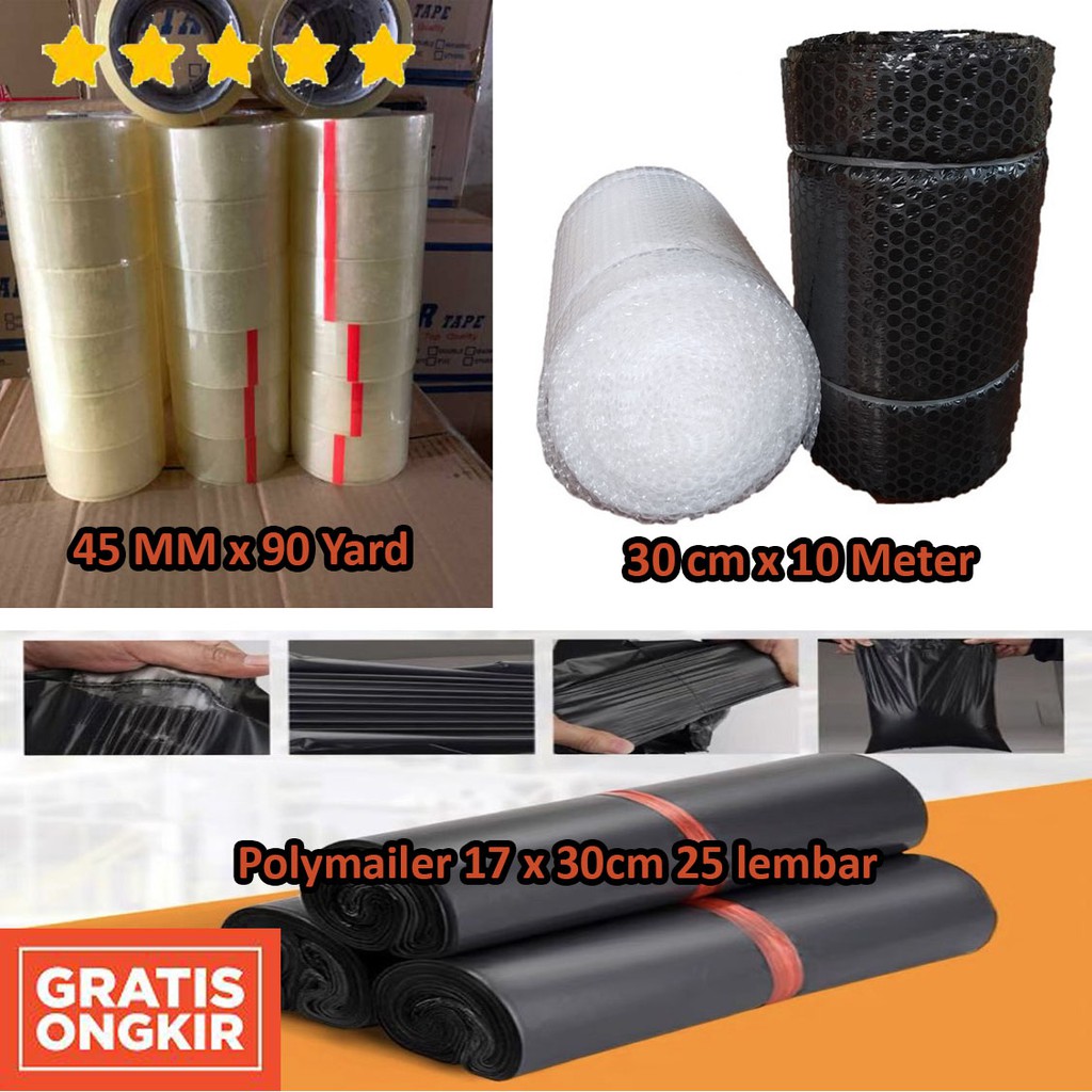 

Paket Packing Murah (Bubble Wrap 30cm X 10M - Lakban 45mm X 90 Yard - Polymailer 17 X 30cm 25 LBR)