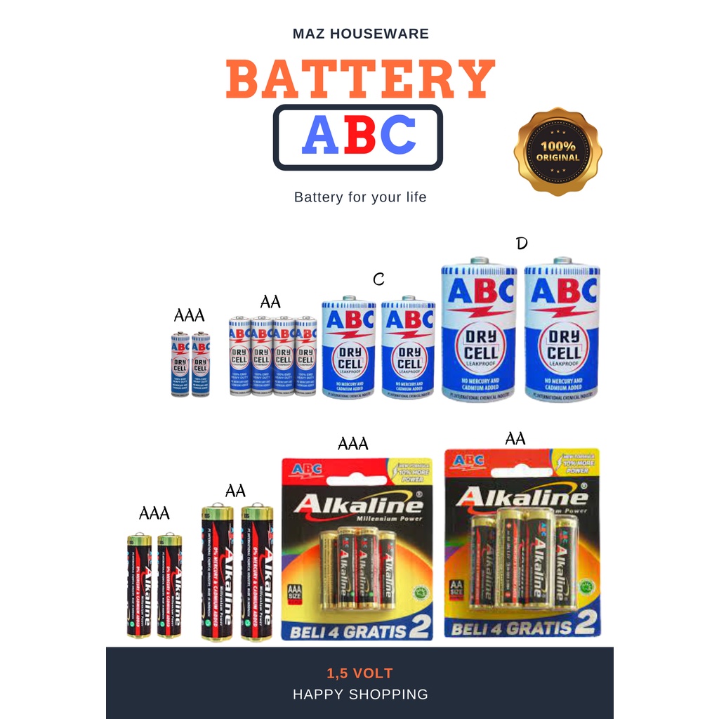 Jual Baterai / Battery ABC Alkaline AA (A2), AAA (A3), C , D ukuran (1,5v dan 9v) Shopee Indonesia