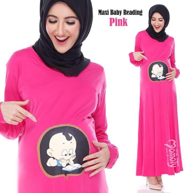 Baju Hamil Unik / Maxi Dress Hamil Jumbo Big Size Karakter Baby Reading Pink Fanta