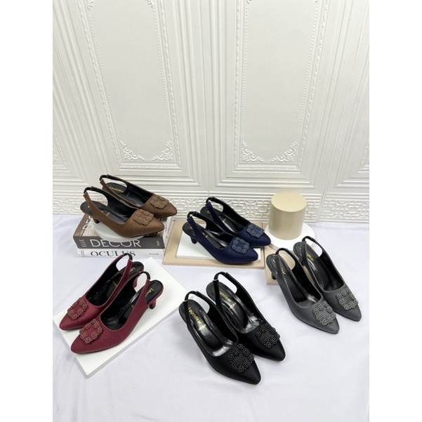 sepatu heel wanita terbaru pesta LOUISDEAR sepatu heel 3 cm tali belakang bahan satin P73