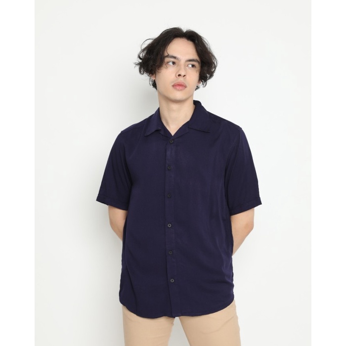 Kemeja pria Kemeja Unisex Erigo Short Shirt Gribson Rayon Navy - S putih lengan pendek lengan panjan