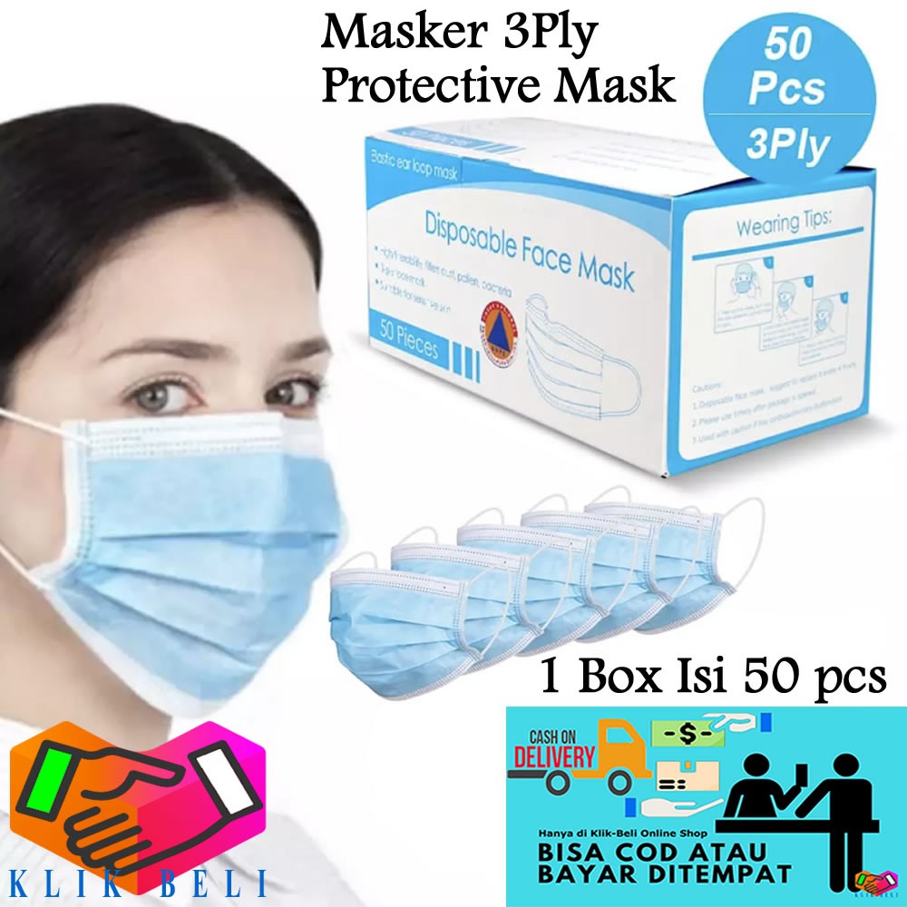 Masker 3 Ply 1 Box Isi 50 Pcs Masker Medis Bedah 3Ply / Masker Earloop Disposable Surgical Face Mask