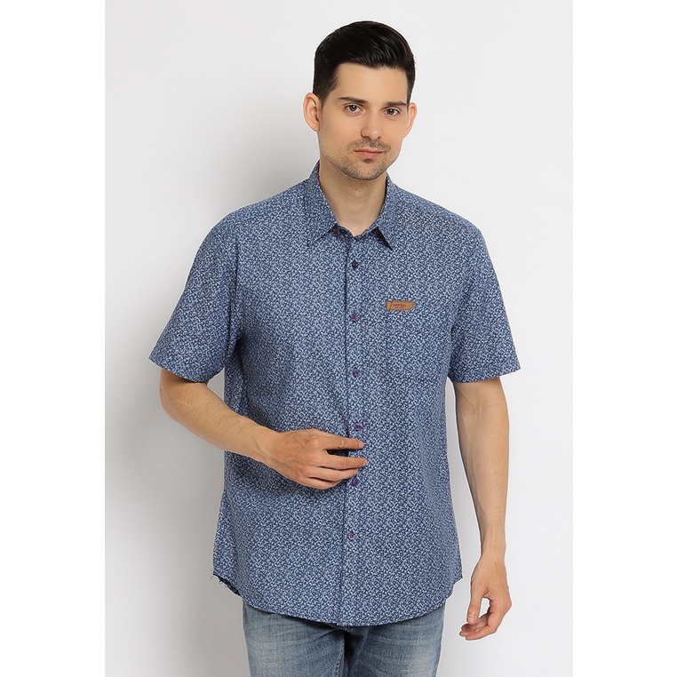 Kemeja Pria Poshboy Original Oberlin Katun Biru Motif Print