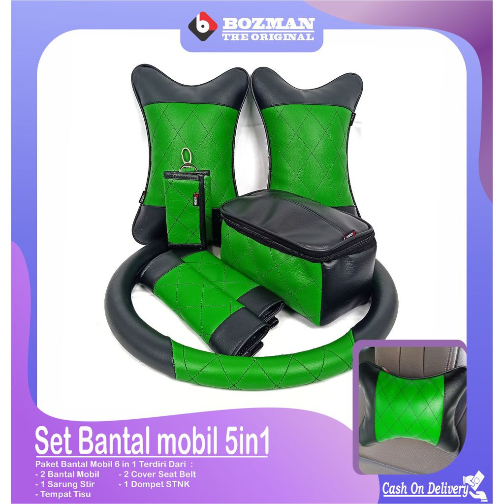 Set Bantal Mobil 5 in 1 Bantal Mobil Seatbelt Sarung Stir Dompet STNK Tempat Tissue Premium