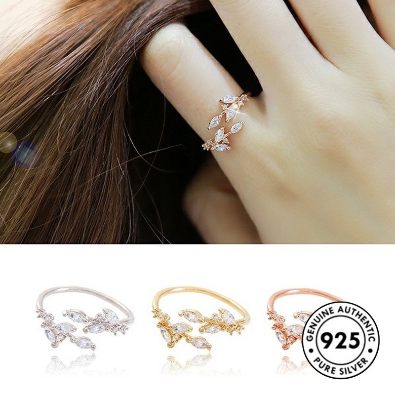 Cincin Bentuk Daun Aksen Berlian Bahan S925 Silver Gold Plated