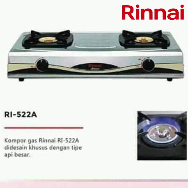 Rinnai RI-522A Kompor Gas 2 Tungku Stainless FREE Paket Miyako Selang Gas Meter