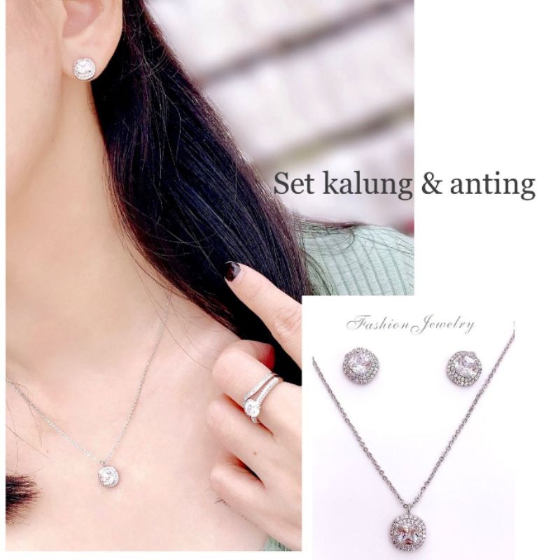 Set Kalung Anting Premium Silver925 Perak Mata kilau Mirip emas asli  Anti Karat Anti Alergi Full mata kilau Branded import GT