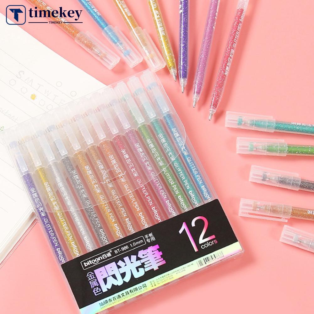 Timekey 12pcs / set Pen Gel Highlighter Glitter Multi Warna Untuk Stationery Sekolah / Kantor / Scrapbook DIY D9X6