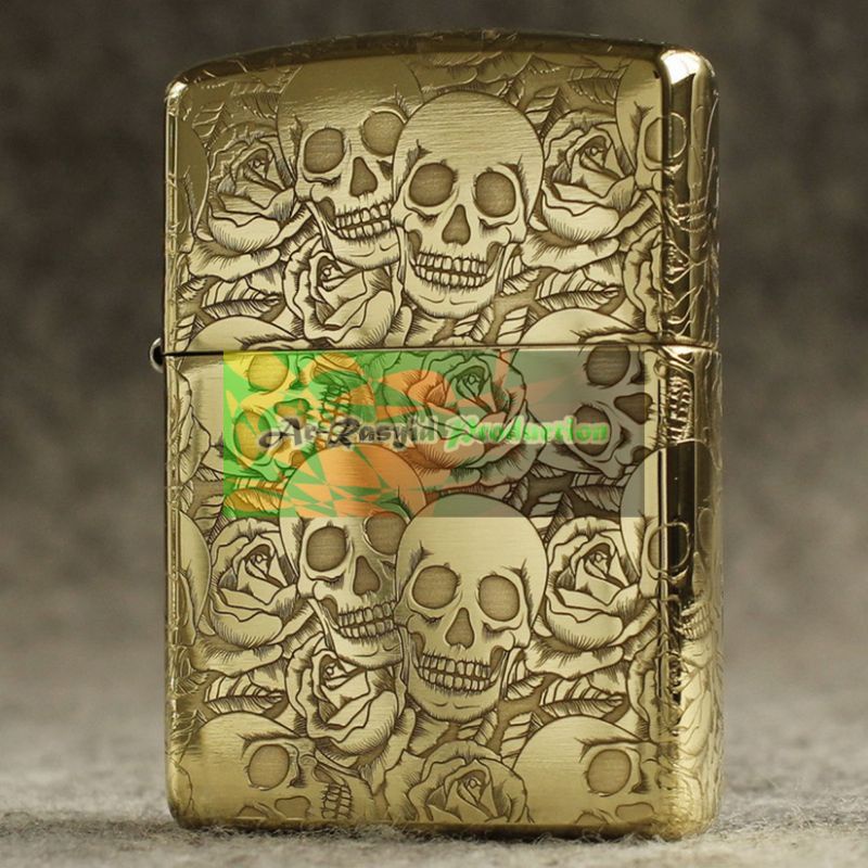 Korek Api Roda Minyak Zippo Gold Motif Tengkorak Skull Rose