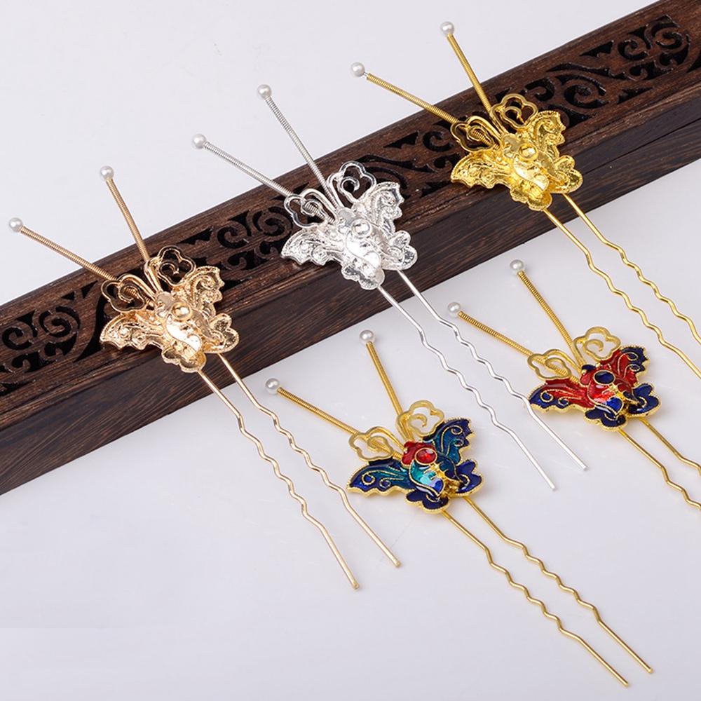 Needway Butterfly Hair Stick DIY Vintage Cloisonne Cina Untuk Wanita Cosplay Pin Rambut Tetes Minyak