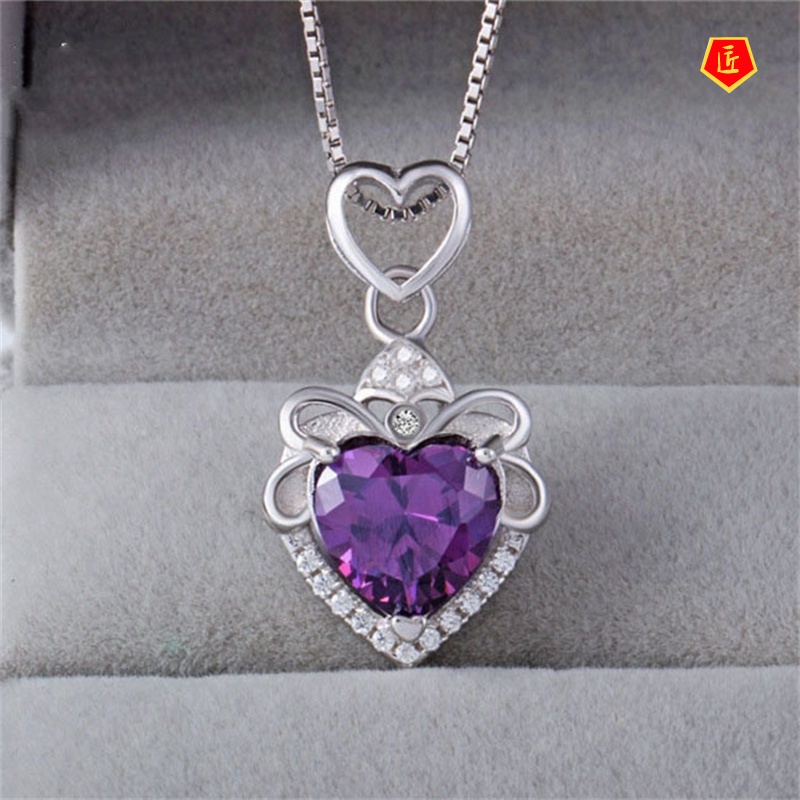 [Ready Stock]Purple Blue Crystal Superior Heart-Shaped Necklace Women's Fashion Elegant