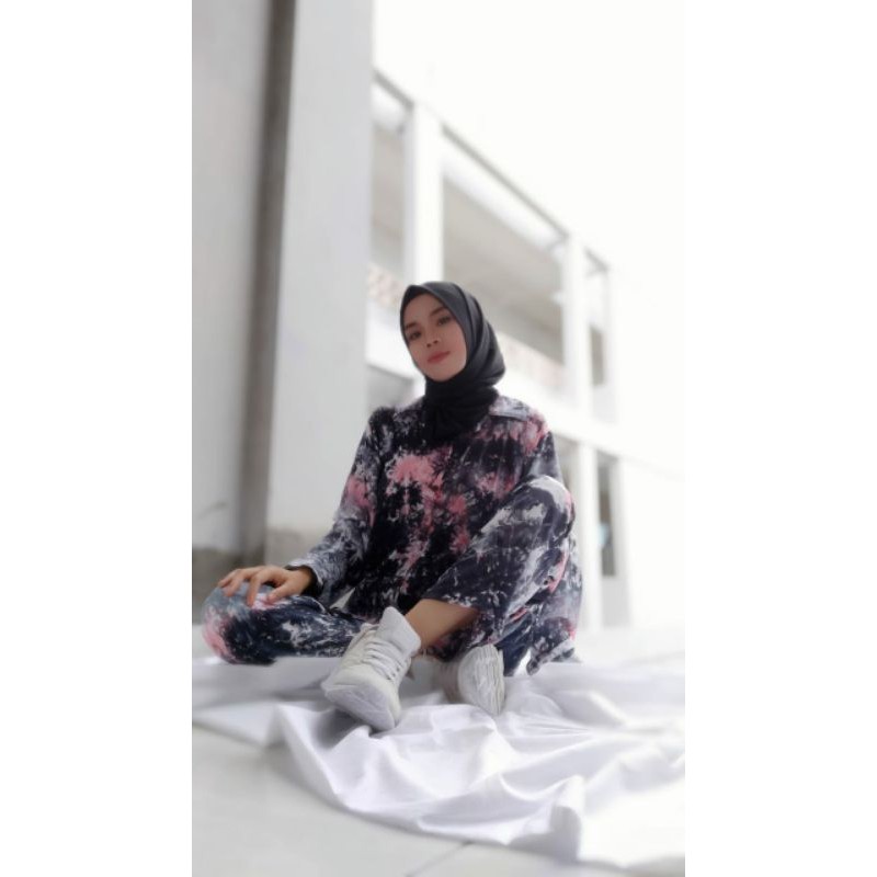 One Set kemeja tiedye lengan panjang