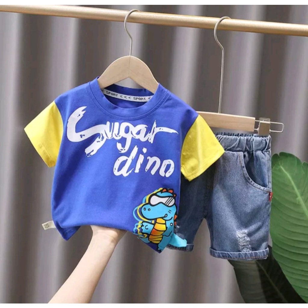 JEANS SET | SETELAN SOFT JEANS  DENIM ANAK LAKI-LAKI DAN PEREMPUAN TERBARU SETELAN SOFT JEANS SUGAR DINO UMUR 1-5 TAHUN