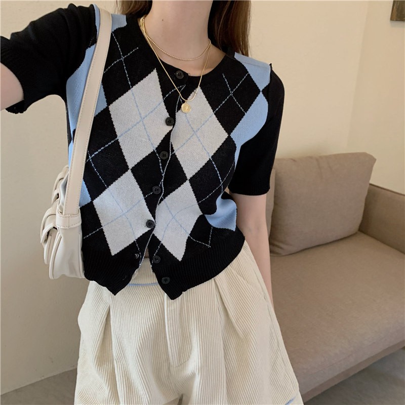 [Diskon Spesial]kardigan Rajut Korea Style crop top cardigan wanita belah ketupat print knit-8