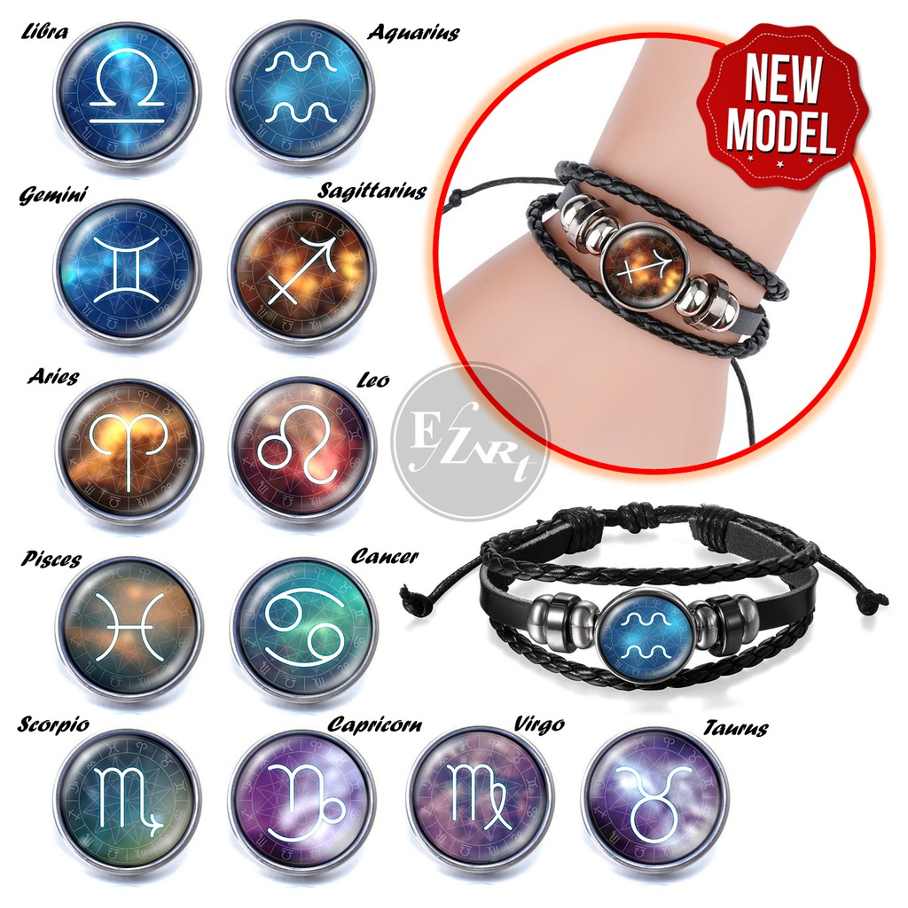 MODEL TERBARU GELANG ZODIAK 12 KONSTELASI BATU MATA KACA BAHAN KULIT KEPANG MULTILAYER