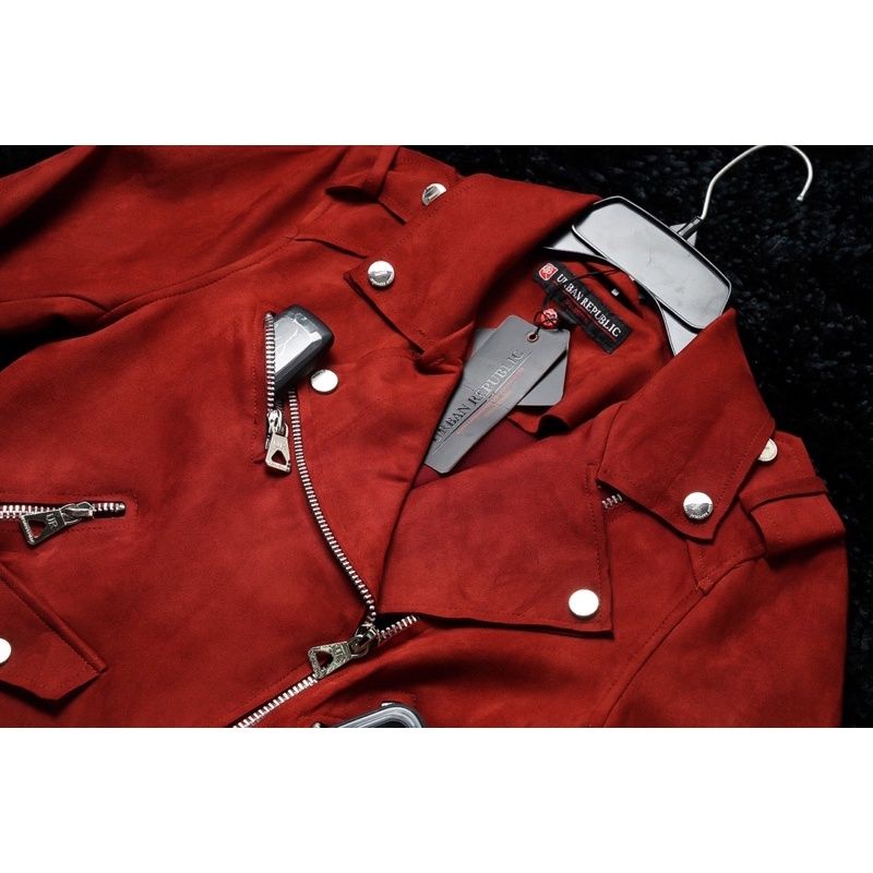 OUTER IMPORT JAKET CROP WANITA BAHAN SUEDE MERAH IMPORT PREMIUM