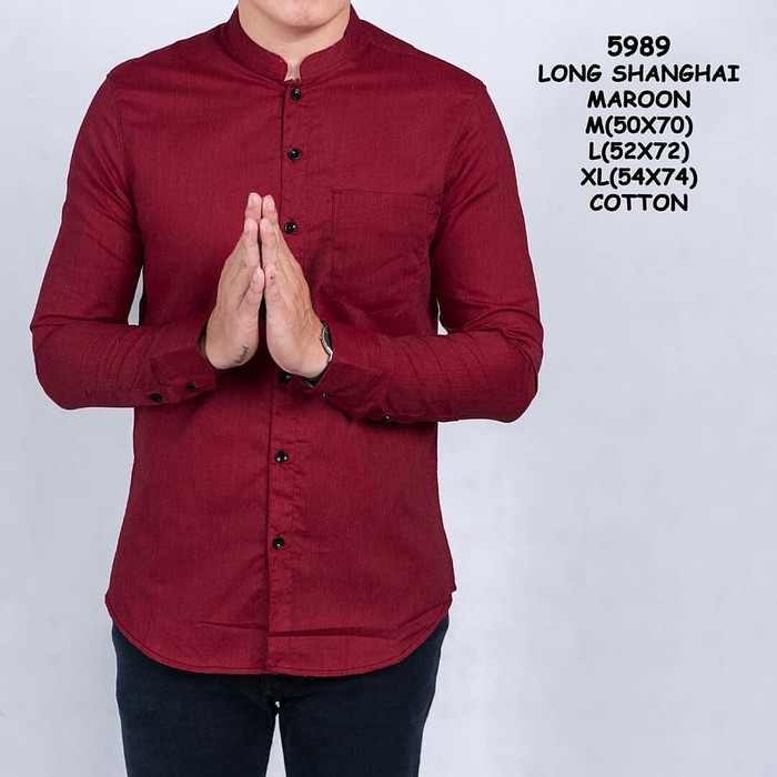 Kemeja pria lengan panjang maron kerah Shanghai