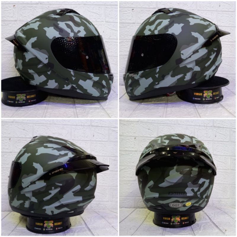 HELM RSV FF500 CAMO ARMY MATT GREEN PAKET GANTENG VISOR IRIDIUM + SPOILER