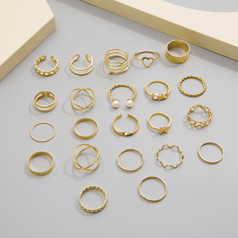 22pcs / Set Cincin Emas Desain Bintang Hias Mutiara Gaya Retro Untuk Wanita