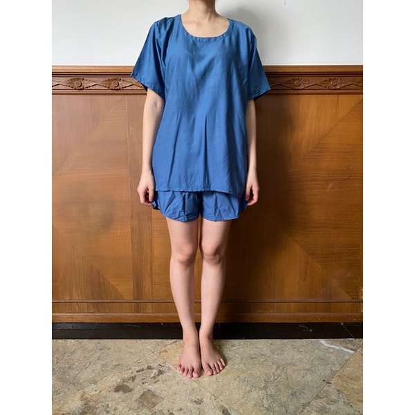 Daily Set / Pajamas Set / Piyama Set  - Tangan Pendek , Celana Pendek (SU)-Biru Jeans