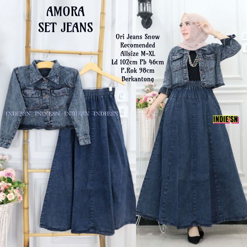 Amora Set Jeans By INDIE'SN • Setelan Rok Jeans Wanita • Setelan Jaket Cardigan Rok Skirt Klok Jeans