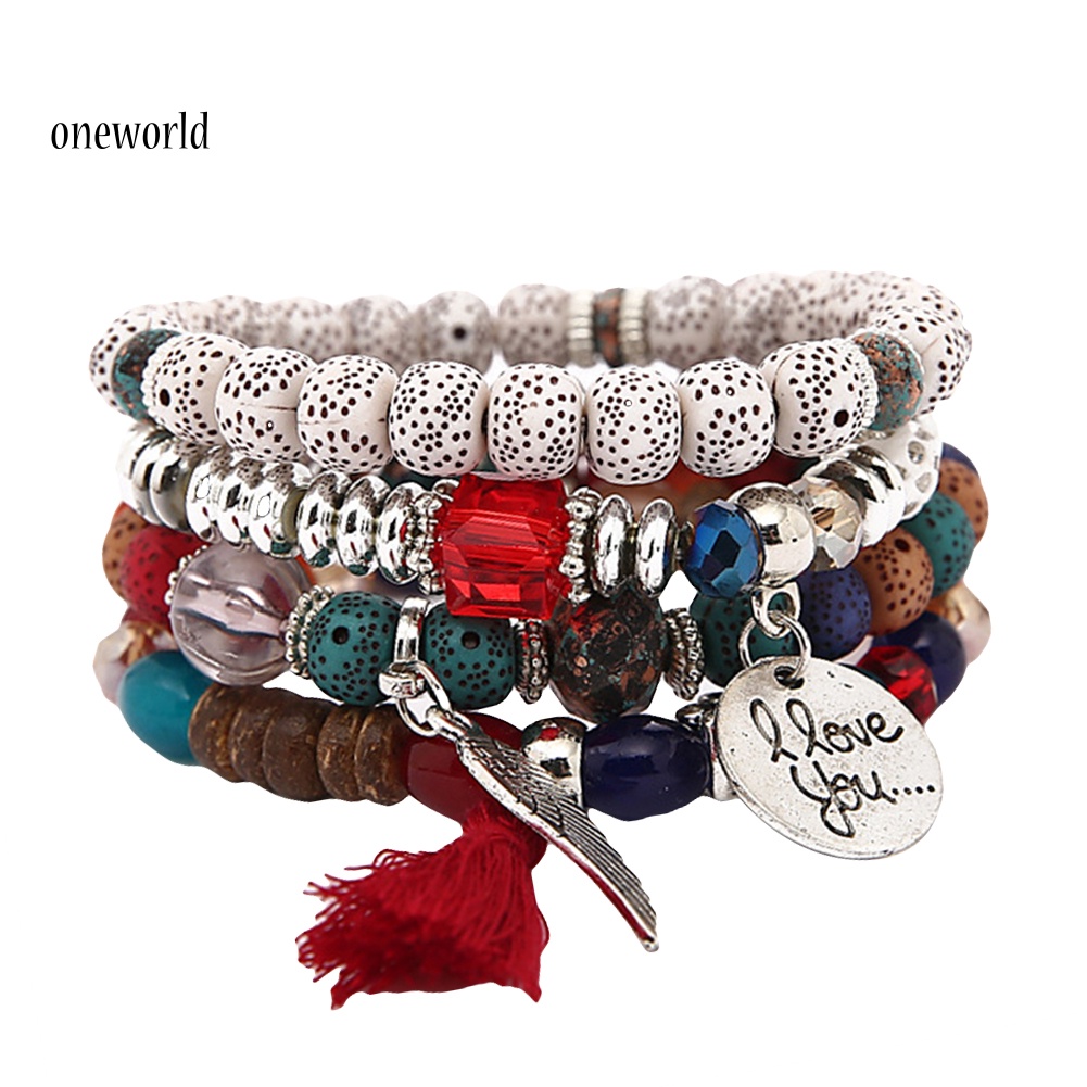 Oneworld Gelang Manikmanik Batu Alam Multilayer Aksen Rumbai Gaya Bohemian Untuk Wanita