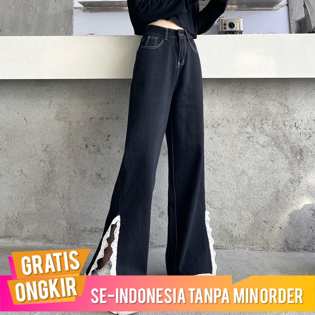 Celana Cewek UK Besar Montok    Desain Jahitan Renda Lurus Celana Jeans Wanita Pinggang Tinggi Pelan