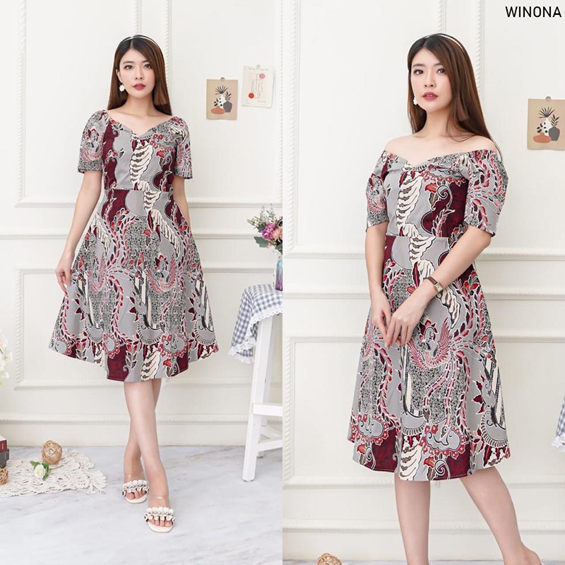 Winona Dress Batik Wanita Sabrina Dress Wanita Batik Modern Gaun Pesta Aline Terusan Kebaya Seragam 
