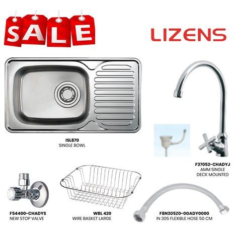 Paket Kitchen Sink Stainless Lizens ISL870 + Kran Dingin Amstard