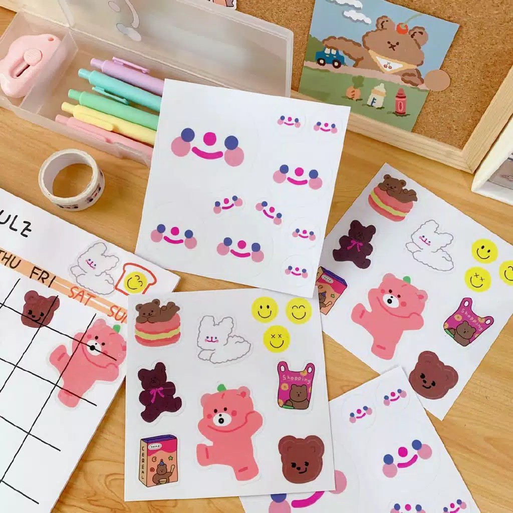 

Stickersheet Korea Seri Beruang Smile Lucu Waterproof Aesthetic Sticker DIY